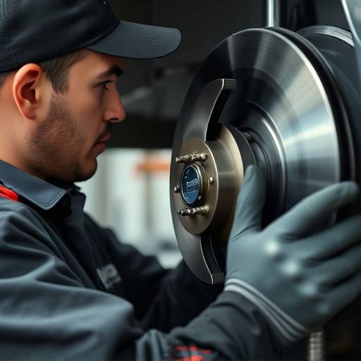 A mechanic carefully inspecting brake pads and rotors during a brake service