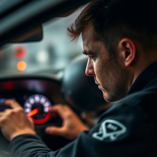 A technician working on the electrical wiring of a car's dashboard