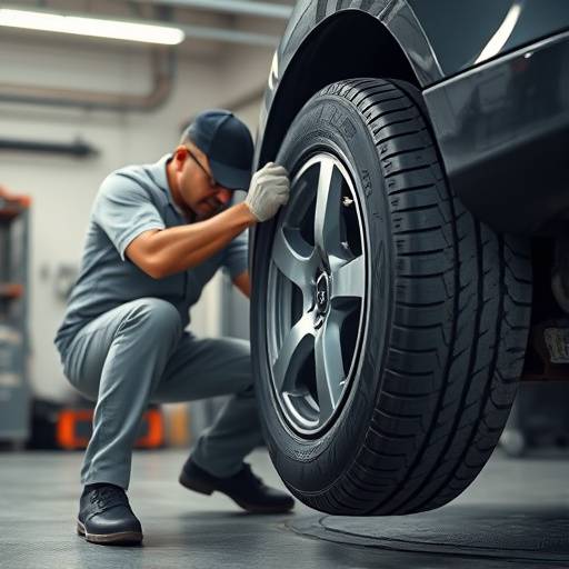 A tire technician using a tire balancing machine to ensure proper tire balance