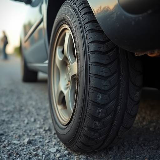 Before: Flat tire on the side of the road, appearing deflated and worn.