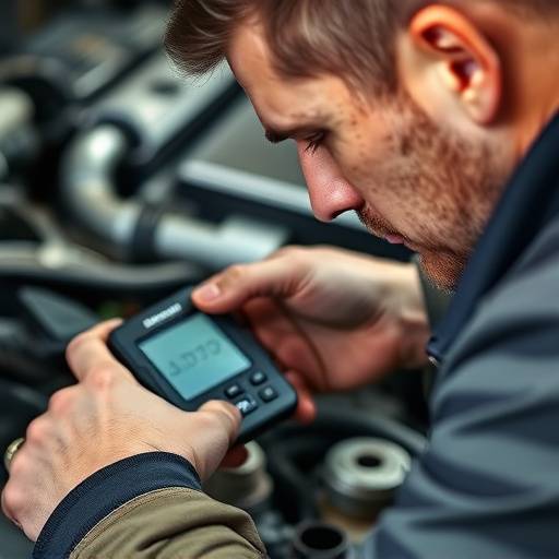 Close-up of a mechanic performing an engine diagnostic check with a handheld device