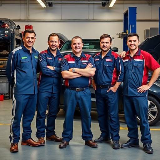 Precision Auto team photo: Five mechanics standing proudly in front of the shop.